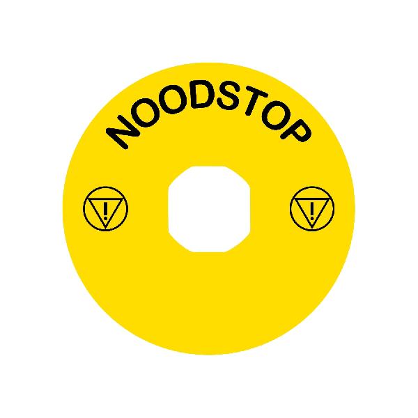 légende circulaire jaune noodstop Ø60mm avec 2 iso13850 logo