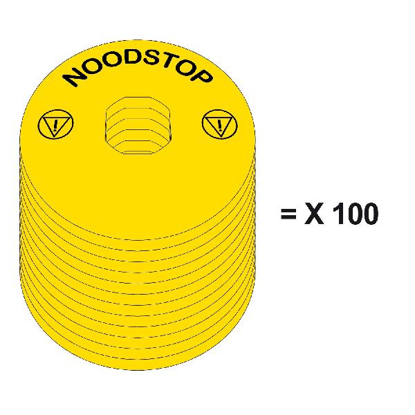 légende circulaire jaune noodstop Ø60mm avec 2 iso13850 logo