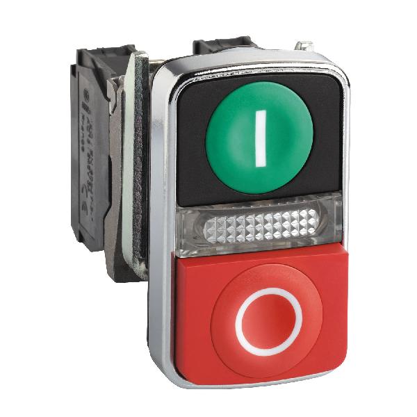 BOUTON POUSS diam 22 2 touches à impulsion vert plus rouge, voyant jaune 24 V