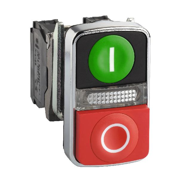 BOUTON POUSS diam 22 2 touches à impulsion vert plus rouge, voyant jaune 120V