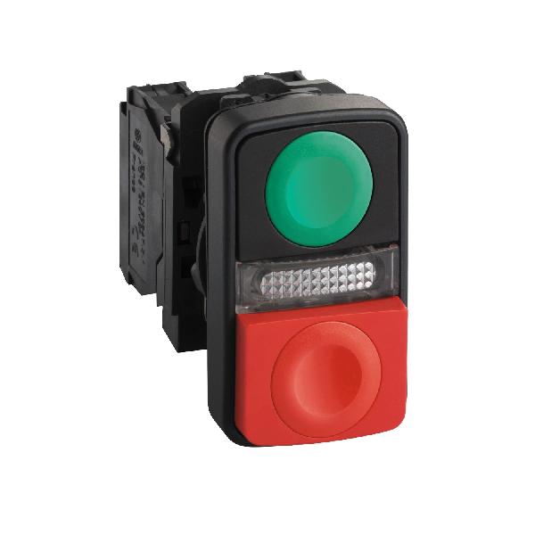 BOUTON POUSS diam 22 2 touches à impulsion vert plus rouge, voyant jaune 24 V