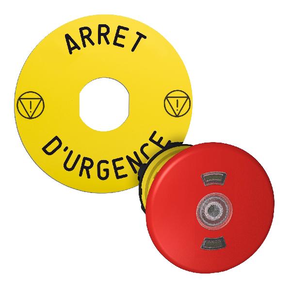 red Ø40 illum Emergency stop pushbutton head with yellow legend plate