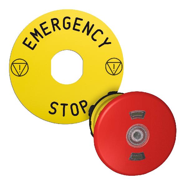 red Ø40 illum Emergency stop pushbutton head with yellow legend plate