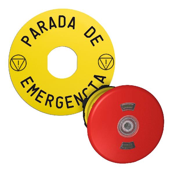 red Ø40 illum Emergency stop pushbutton head with yellow legend plate